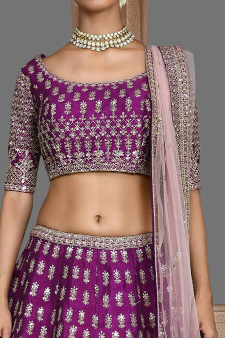Buy Kalighata Purple Silk, Net Sequins, Zari Swastik Thread Embroidered Bridal Lehenga Set Online at Aza Fashions Buy_Kalighata_Purple Silk, Net Sequins, Zari Swastik Thread Embroidered Bridal Lehenga Set _Online_at_Aza_Fashions