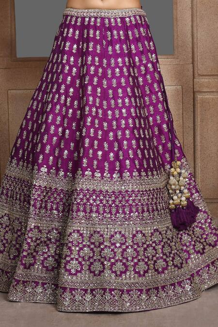Shop_Kalighata_Purple Silk, Net Sequins, Zari Swastik Thread Embroidered Bridal Lehenga Set _Online_at_Aza_Fashions