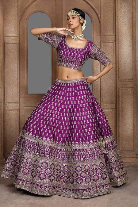 Kalighata_Purple Silk, Net Sequins, Zari Swastik Thread Embroidered Bridal Lehenga Set _at_Aza_Fashions