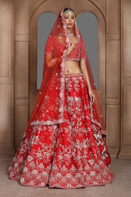 Buy Red Raw Silk Embroidery Zari Thread Tania Panelled Bridal Lehenga Set For Women By Kalighata 