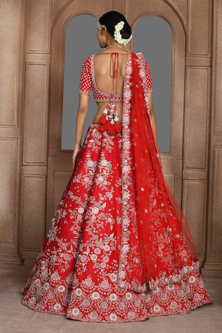 Shop_Kalighata_Red Silk Embroidery, Sequins, Zari Tania Panelled Bridal Lehenga Set _at_Aza_Fashions