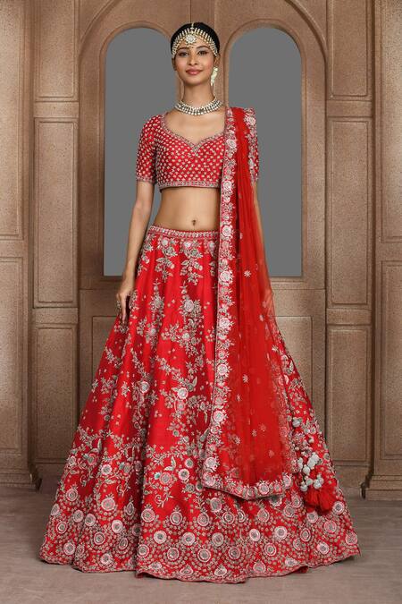 Kalighata_Red Silk Embroidery, Sequins, Zari Tania Panelled Bridal Lehenga Set _Online_at_Aza_Fashions