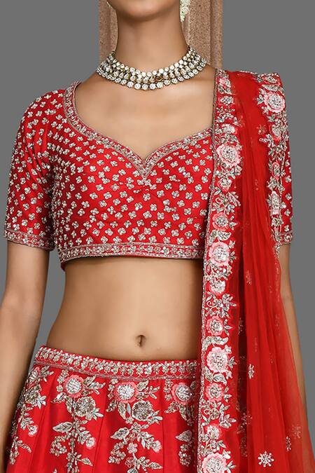 Buy Kalighata Red Silk Embroidery, Sequins, Zari Tania Panelled Bridal Lehenga Set Online at Aza Fashions Buy_Kalighata_Red Silk Embroidery, Sequins, Zari Tania Panelled Bridal Lehenga Set _Online_at_Aza_Fashions