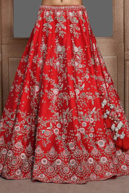 Shop_Kalighata_Red Silk Embroidery, Sequins, Zari Tania Panelled Bridal Lehenga Set _Online_at_Aza_Fashions