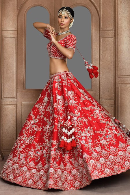 Kalighata_Red Silk Embroidery, Sequins, Zari Tania Panelled Bridal Lehenga Set _at_Aza_Fashions