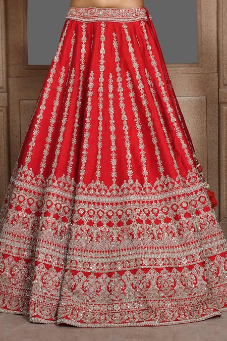 Buy_Kalighata_Red Silk, Net Sequins, Zari Boat Neck Akira Stripe Pattern Bridal Lehenga Set _Online_at_Aza_Fashions