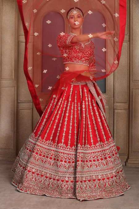 Shop_Kalighata_Red Silk, Net Sequins, Zari Boat Neck Akira Stripe Pattern Bridal Lehenga Set _Online_at_Aza_Fashions