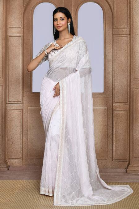 Kalighata_Pink Organza Embroidery Bhaavna Checkered Pattern Saree _Online_at_Aza_Fashions