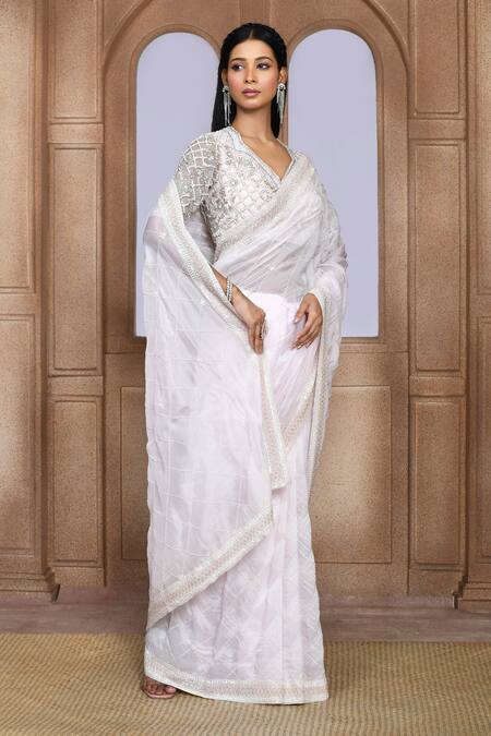 Shop_Kalighata_Pink Organza Embroidery Bhaavna Checkered Pattern Saree _Online_at_Aza_Fashions
