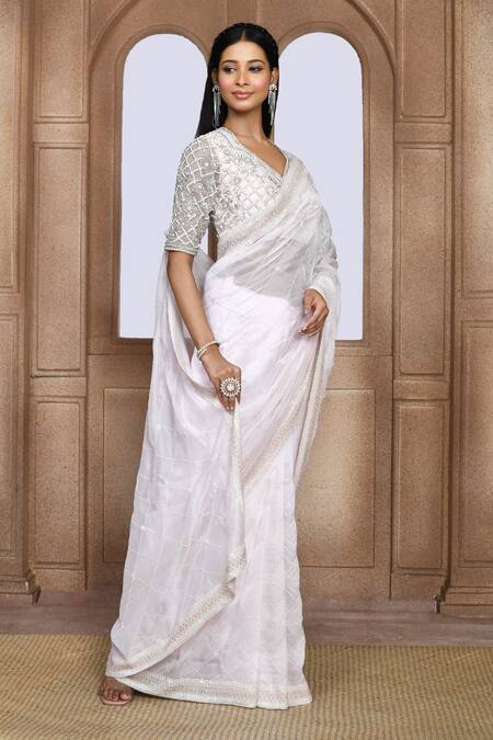 Kalighata_Pink Organza Embroidery Bhaavna Checkered Pattern Saree _at_Aza_Fashions