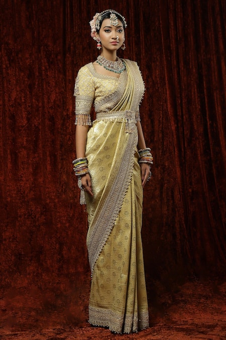 Shikhar Sharma Gold Saree Banarasi Woven Badla Leaf Neck Floral With Blouse Online at Aza Fashions Shikhar Sharma_Gold Saree Banarasi Woven Badla Leaf Neck Floral With Blouse _Online_at_Aza_Fashions