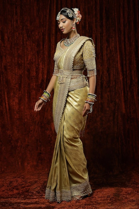 Buy Shikhar Sharma Gold Saree Banarasi Woven Badla Leaf Neck Floral With Blouse Online at Aza Fashions Buy_Shikhar Sharma_Gold Saree Banarasi Woven Badla Leaf Neck Floral With Blouse _Online_at_Aza_Fashions