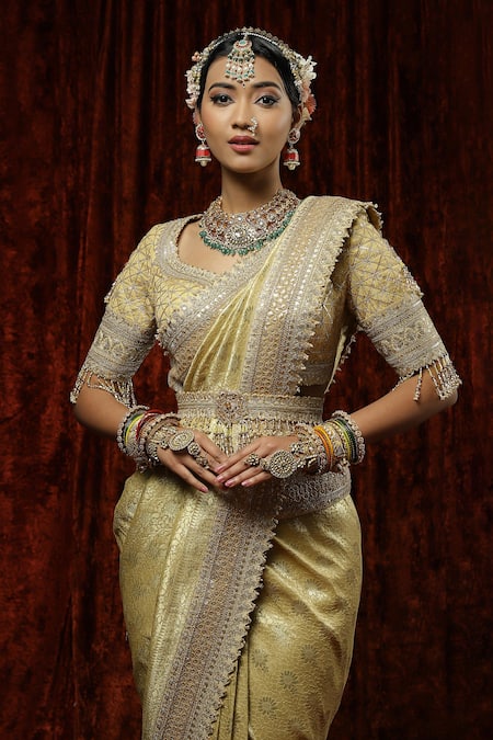 Shop Shikhar Sharma Gold Saree Banarasi Woven Badla Leaf Neck Floral With Blouse Online at Aza Fashions Shop_Shikhar Sharma_Gold Saree Banarasi Woven Badla Leaf Neck Floral With Blouse _Online_at_Aza_Fashions