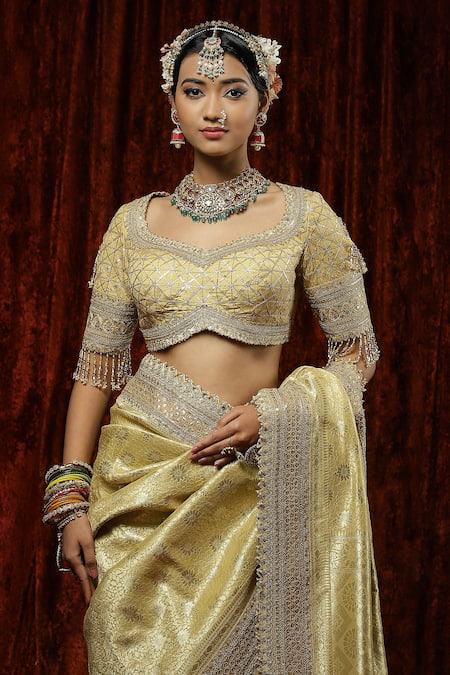 Shikhar Sharma Gold Saree Banarasi Woven Badla Leaf Neck Floral With Blouse at Aza Fashions Shikhar Sharma_Gold Saree Banarasi Woven Badla Leaf Neck Floral With Blouse _at_Aza_Fashions
