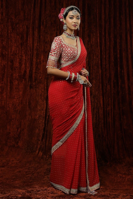 Shikhar Sharma Red Saree Georgette Embroidery Badla Leaf Neck Surkh With Blouse Online at Aza Fashions Shikhar Sharma_Red Saree Georgette Embroidery Badla Leaf Neck Surkh With Blouse _Online_at_Aza_Fashions