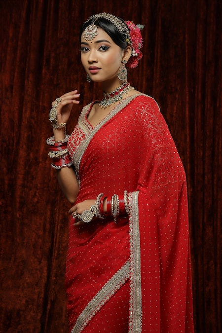 Shop Shikhar Sharma Red Saree Georgette Embroidery Badla Leaf Neck Surkh With Blouse Online at Aza Fashions Shop_Shikhar Sharma_Red Saree Georgette Embroidery Badla Leaf Neck Surkh With Blouse _Online_at_Aza_Fashions