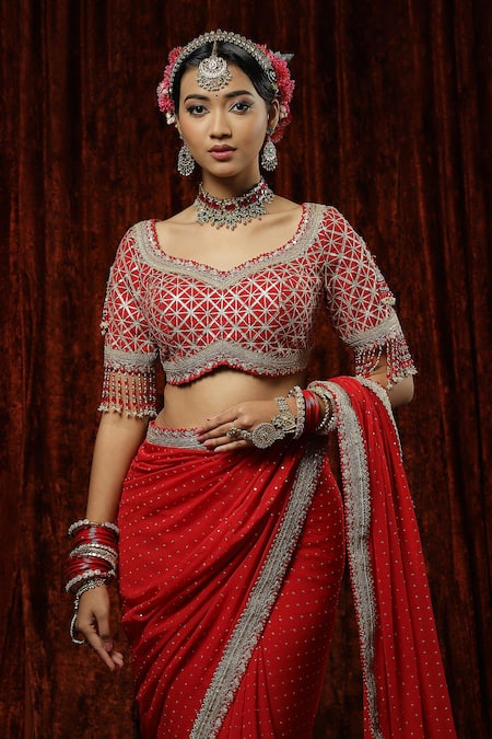 Shikhar Sharma Red Saree Georgette Embroidery Badla Leaf Neck Surkh With Blouse at Aza Fashions Shikhar Sharma_Red Saree Georgette Embroidery Badla Leaf Neck Surkh With Blouse _at_Aza_Fashions