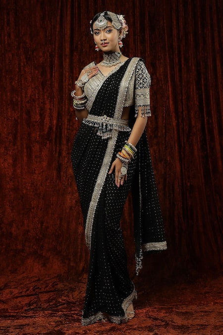 Shikhar Sharma Black Saree Georgette Embroidery Badla V Neck Kajal With Blouse 