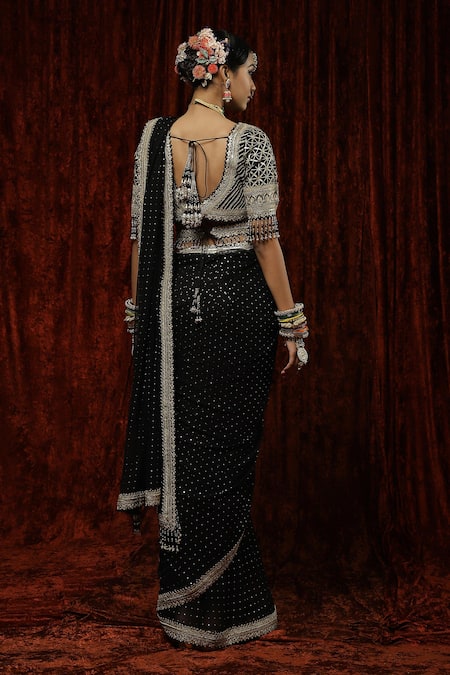 Shop Shikhar Sharma Black Saree Georgette Embroidery Badla V Neck Kajal With Blouse at Aza Fashions Shop_Shikhar Sharma_Black Saree Georgette Embroidery Badla V Neck Kajal With Blouse _at_Aza_Fashions