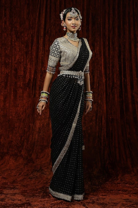 Shikhar Sharma Black Saree Georgette Embroidery Badla V Neck Kajal With Blouse Online at Aza Fashions Shikhar Sharma_Black Saree Georgette Embroidery Badla V Neck Kajal With Blouse _Online_at_Aza_Fashions
