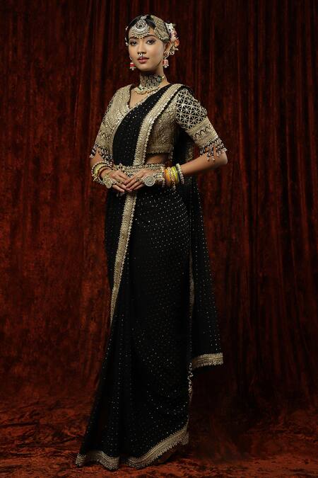 Buy Shikhar Sharma Black Saree Georgette Embroidery Badla V Neck Kajal With Blouse Online at Aza Fashions Buy_Shikhar Sharma_Black Saree Georgette Embroidery Badla V Neck Kajal With Blouse _Online_at_Aza_Fashions