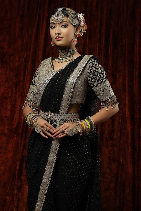 Shop Shikhar Sharma Black Saree Georgette Embroidery Badla V Neck Kajal With Blouse Online at Aza Fashions Shop_Shikhar Sharma_Black Saree Georgette Embroidery Badla V Neck Kajal With Blouse _Online_at_Aza_Fashions
