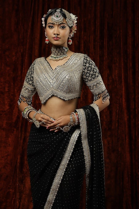 Shikhar Sharma Black Saree Georgette Embroidery Badla V Neck Kajal With Blouse at Aza Fashions Shikhar Sharma_Black Saree Georgette Embroidery Badla V Neck Kajal With Blouse _at_Aza_Fashions