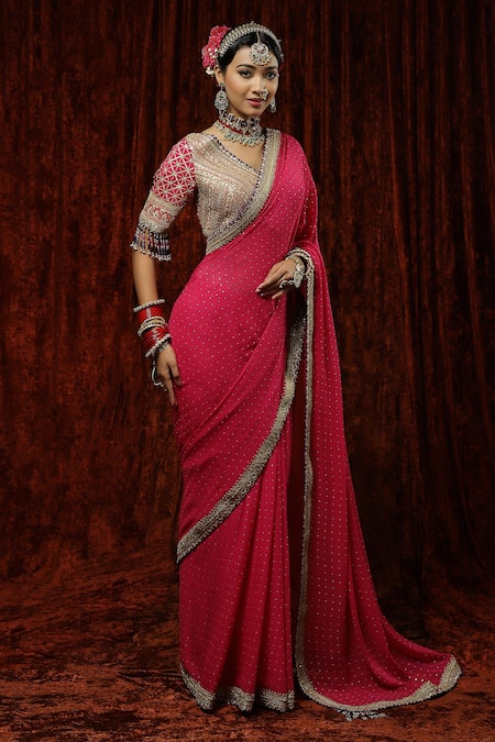 Shikhar Sharma_Pink Saree Georgette Embroidery Badla V Neck Border With Blouse _Online_at_Aza_Fashions