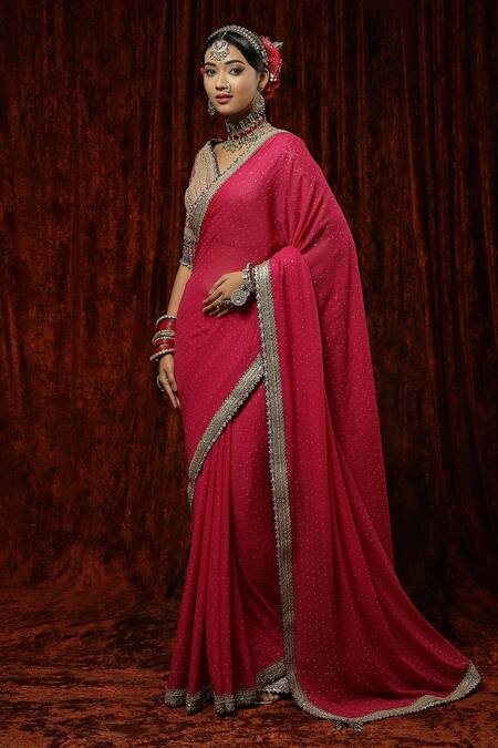 Buy_Shikhar Sharma_Pink Saree Georgette Embroidery Badla V Neck Border With Blouse _Online_at_Aza_Fashions