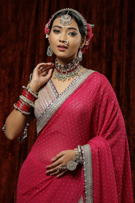 Shop_Shikhar Sharma_Pink Saree Georgette Embroidery Badla V Neck Border With Blouse _Online_at_Aza_Fashions