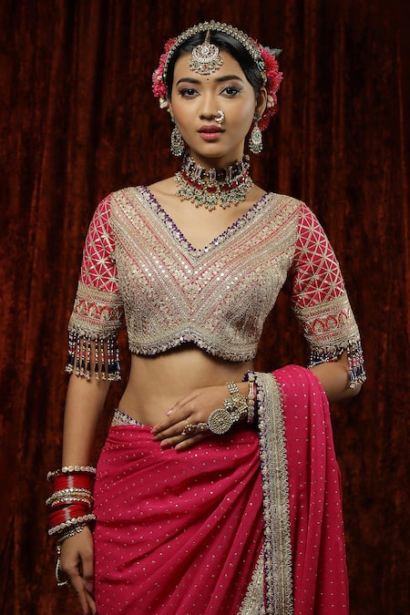 Shikhar Sharma_Pink Saree Georgette Embroidery Badla V Neck Border With Blouse _at_Aza_Fashions