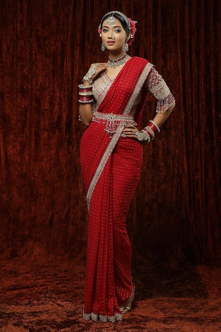 SHIKHAR SHARMA Red Saree Georgette Embroidery Badla V Neck With Silk Chanderi Blouse 