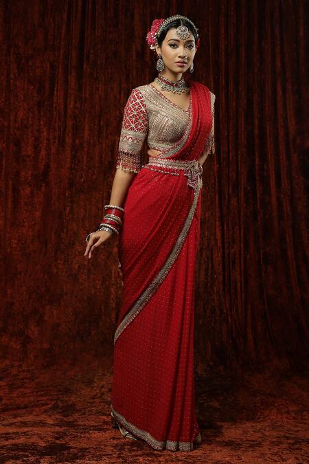 Shikhar Sharma_Red Saree Georgette Embroidery Badla V Neck With Silk Chanderi Blouse _Online_at_Aza_Fashions