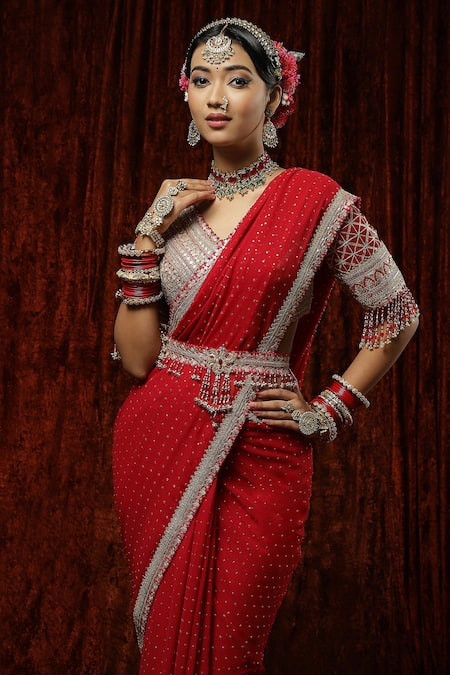 Shop_Shikhar Sharma_Red Saree Georgette Embroidery Badla V Neck With Silk Chanderi Blouse _Online_at_Aza_Fashions