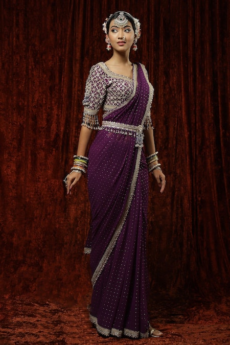 Shikhar Sharma_Purple Saree Georgette Embroidery Badla Leaf Neck With Silk Chanderi Blouse _Online_at_Aza_Fashions