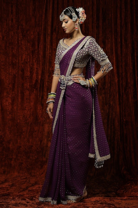 Buy_Shikhar Sharma_Purple Saree Georgette Embroidery Badla Leaf Neck With Silk Chanderi Blouse _Online_at_Aza_Fashions