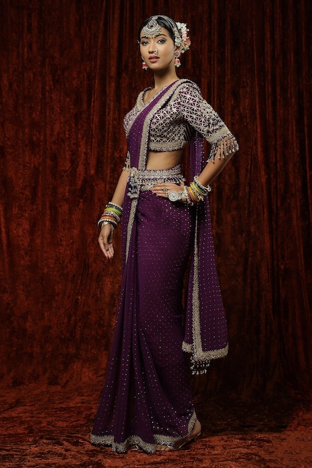 Shop_Shikhar Sharma_Purple Saree Georgette Embroidery Badla Leaf Neck With Silk Chanderi Blouse _Online_at_Aza_Fashions