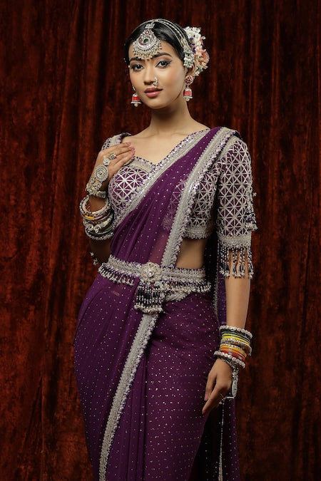 Shikhar Sharma_Purple Saree Georgette Embroidery Badla Leaf Neck With Silk Chanderi Blouse _at_Aza_Fashions
