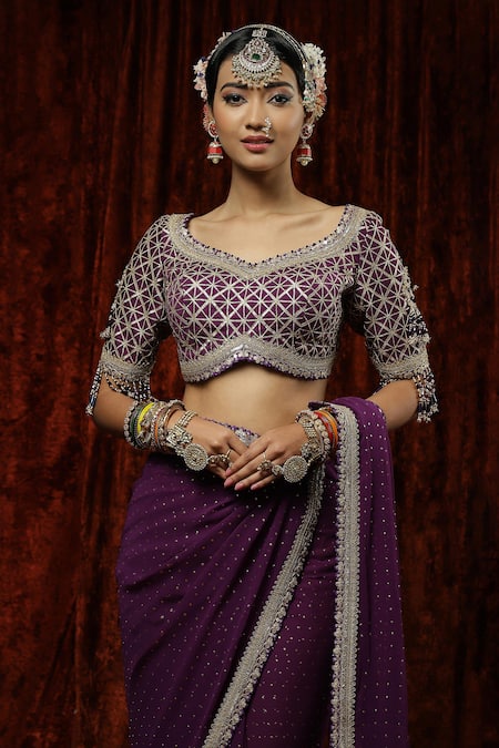 Buy_Shikhar Sharma_Purple Saree Georgette Embroidery Badla Leaf Neck With Silk Chanderi Blouse 