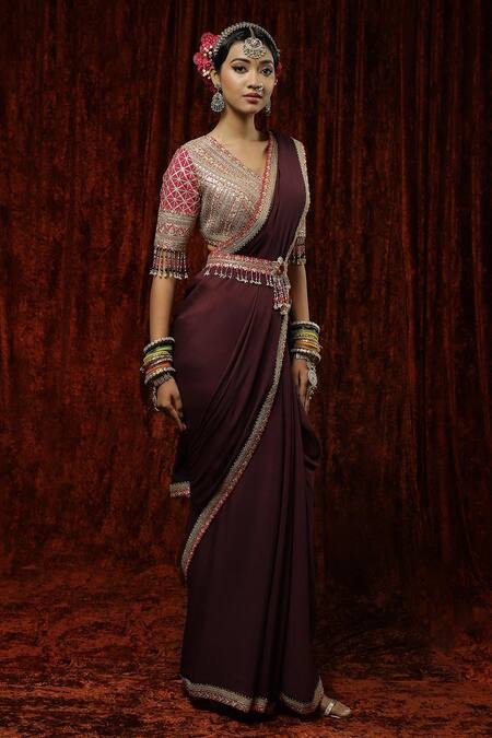 Shikhar Sharma_Purple Saree Pure Crepe Embroidery Gota V Border With Silk Chanderi Blouse _Online_at_Aza_Fashions