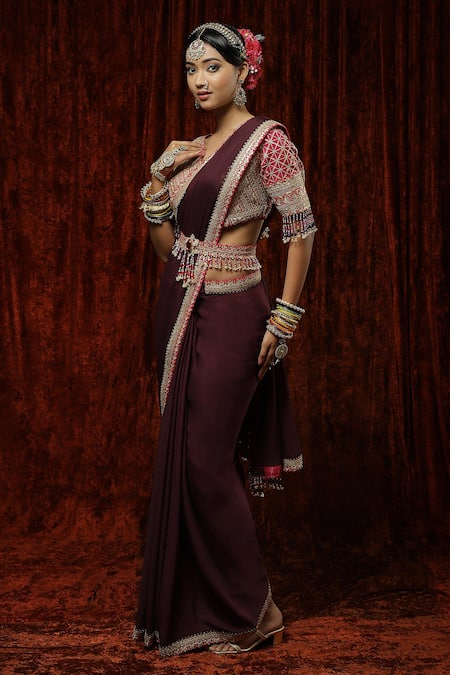Buy_Shikhar Sharma_Purple Saree Pure Crepe Embroidery Gota V Border With Silk Chanderi Blouse _Online_at_Aza_Fashions