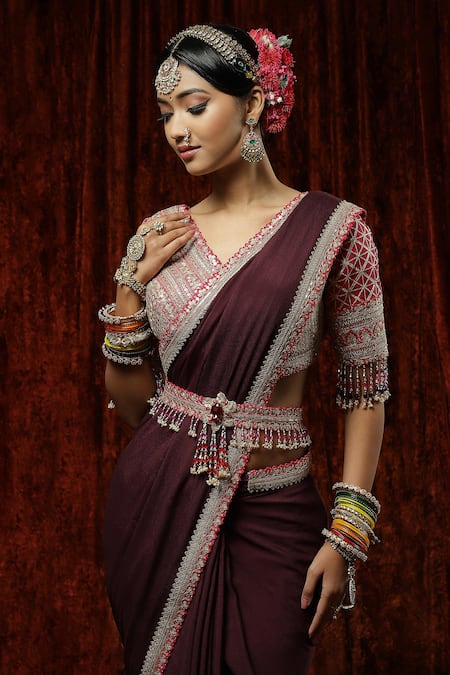 Shop_Shikhar Sharma_Purple Saree Pure Crepe Embroidery Gota V Border With Silk Chanderi Blouse _Online_at_Aza_Fashions
