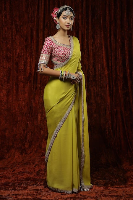 Buy Lemon Green Ombre Saree with Moti Embroidered Crop Top