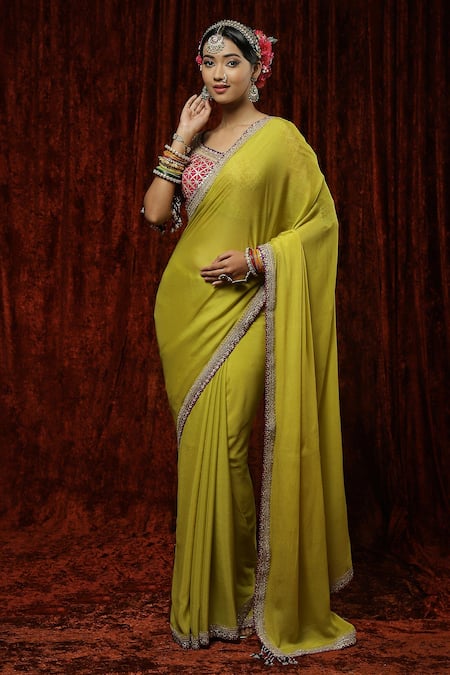 Krishnam Fashion Kanjivaram Litchi Silk Lemon Green saree With Unstiched  Blouse
