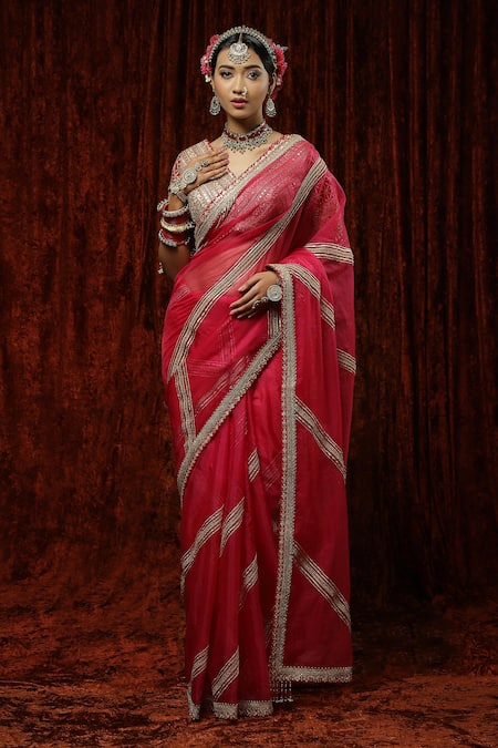 SHIKHAR SHARMA Gota Embroidered Saree With Silk Chanderi Blouse 