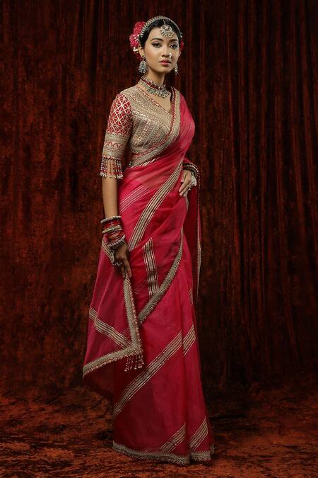 Shikhar Sharma Pink Saree Pure Crepe Embroidery Badla V Neck Gota With Silk Chanderi Blouse Online at Aza Fashions Shikhar Sharma_Pink Saree Pure Crepe Embroidery Badla V Neck Gota With Silk Chanderi Blouse _Online_at_Aza_Fashions