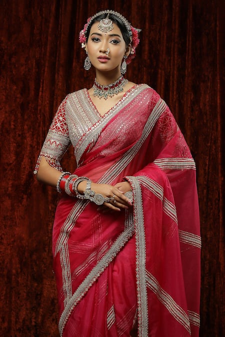 Shop Shikhar Sharma Pink Saree Pure Crepe Embroidery Badla V Neck Gota With Silk Chanderi Blouse Online at Aza Fashions Shop_Shikhar Sharma_Pink Saree Pure Crepe Embroidery Badla V Neck Gota With Silk Chanderi Blouse _Online_at_Aza_Fashions