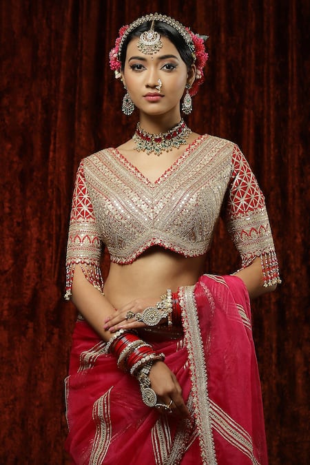 Shikhar Sharma Pink Saree Pure Crepe Embroidery Badla V Neck Gota With Silk Chanderi Blouse at Aza Fashions Shikhar Sharma_Pink Saree Pure Crepe Embroidery Badla V Neck Gota With Silk Chanderi Blouse _at_Aza_Fashions