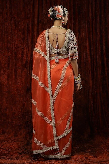 Shikhar Sharma Stripe Embroidered Saree With Silk Chanderi Blouse 