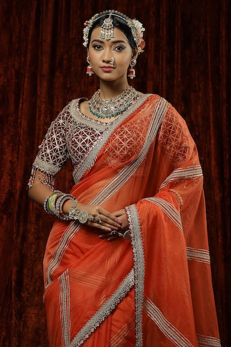 Shop Shikhar Sharma Orange Saree Organza Embroidery Badla Leaf Stripe With Silk Chanderi Blouse Online at Aza Fashions Shop_Shikhar Sharma_Orange Saree Organza Embroidery Badla Leaf Stripe With Silk Chanderi Blouse _Online_at_Aza_Fashions